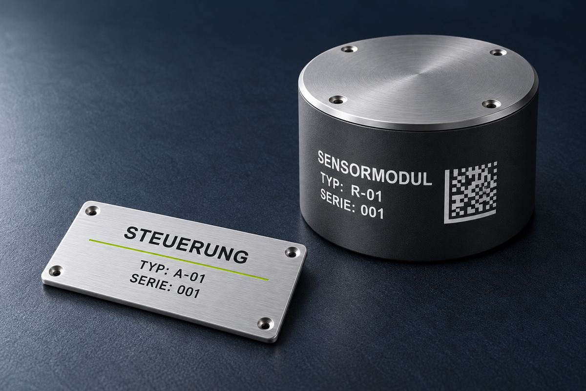 Gestaltungsbeispiel: Rundes anthrazitfarbenes Gehäuse mit direkt aufgedrucktem Typenschild und illustrativem DataMatrix-Code, daneben ein Aluminium-Typenschild